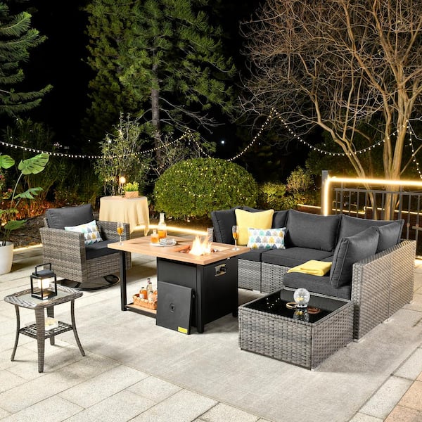 Toject Sanibel Gray 8-Piece Wicker Patio Conversation Sofa Set with a Swivel Chair, a Storage Fire Pit and Black Cushions