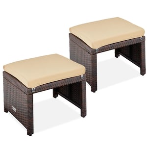 Brown Wicker Outdoor Ottoman with removeable Tan Cushion (2-Pack)