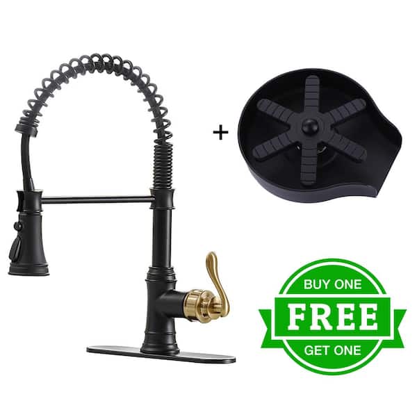 BWE Single Handle Pull-Down Sprayer Kitchen Faucet Bundle Glass Rinser in Black Gold