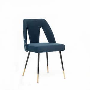 Blue Modern Velvet Upholstered Dining Chair with Nailheads and Gold Tipped Black Metal Legs (Set of 2)