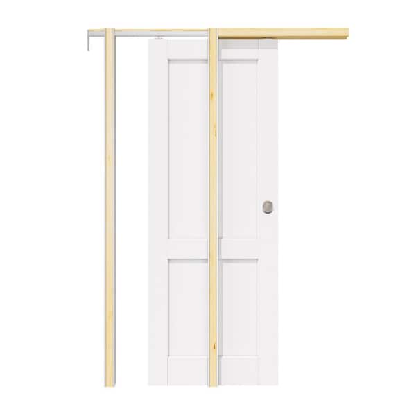 32 in. x 80 in. Paneled 2-Lite White Primed Wood Pocket Door with Hardware Kit (Soft Close and Round Silver Handle Incl)
