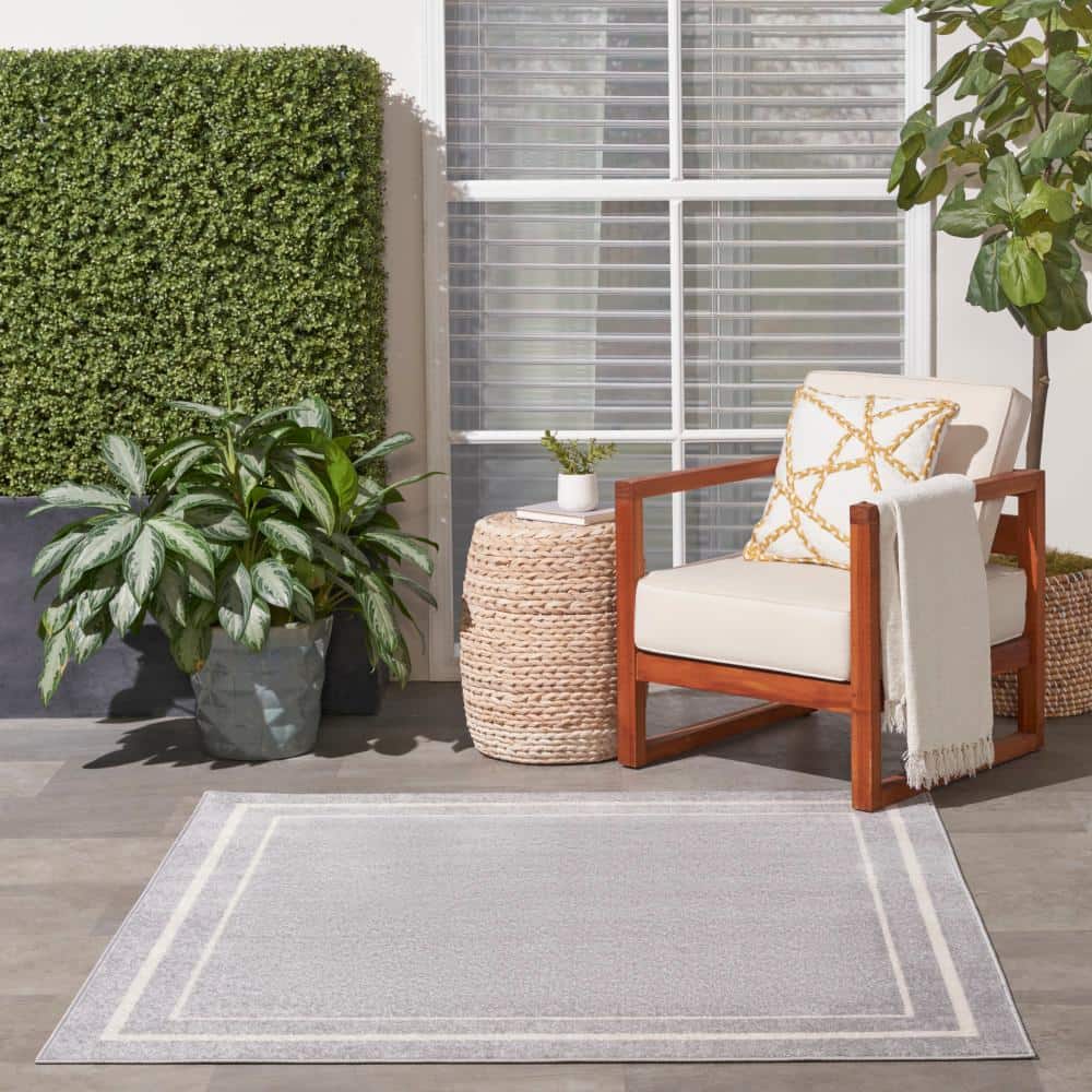 Grey and Ivory Square Reversible Indoor Outdoor Rug