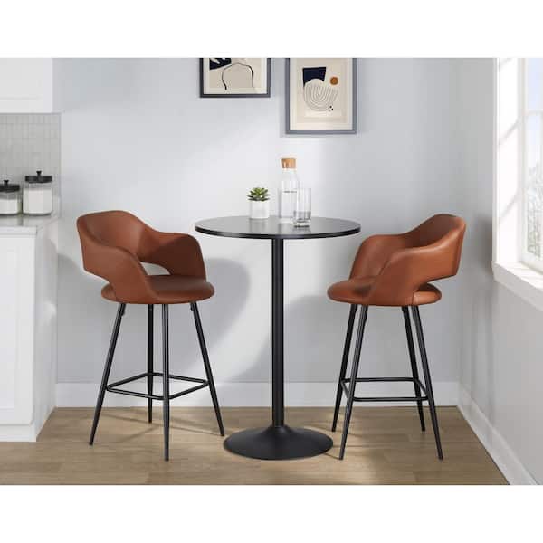 Margarite 25.25 in. Brown Faux Leather and Black Metal Fixed-Height Counter Stool (Set of 2)