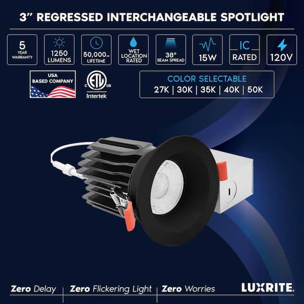 3 in. Integrated LED Regressed Canless Spotlight Plus Round Black Trim, 5CCT, 15W, 1250LM, CRI90, Dimmable, 38° Beam ETL