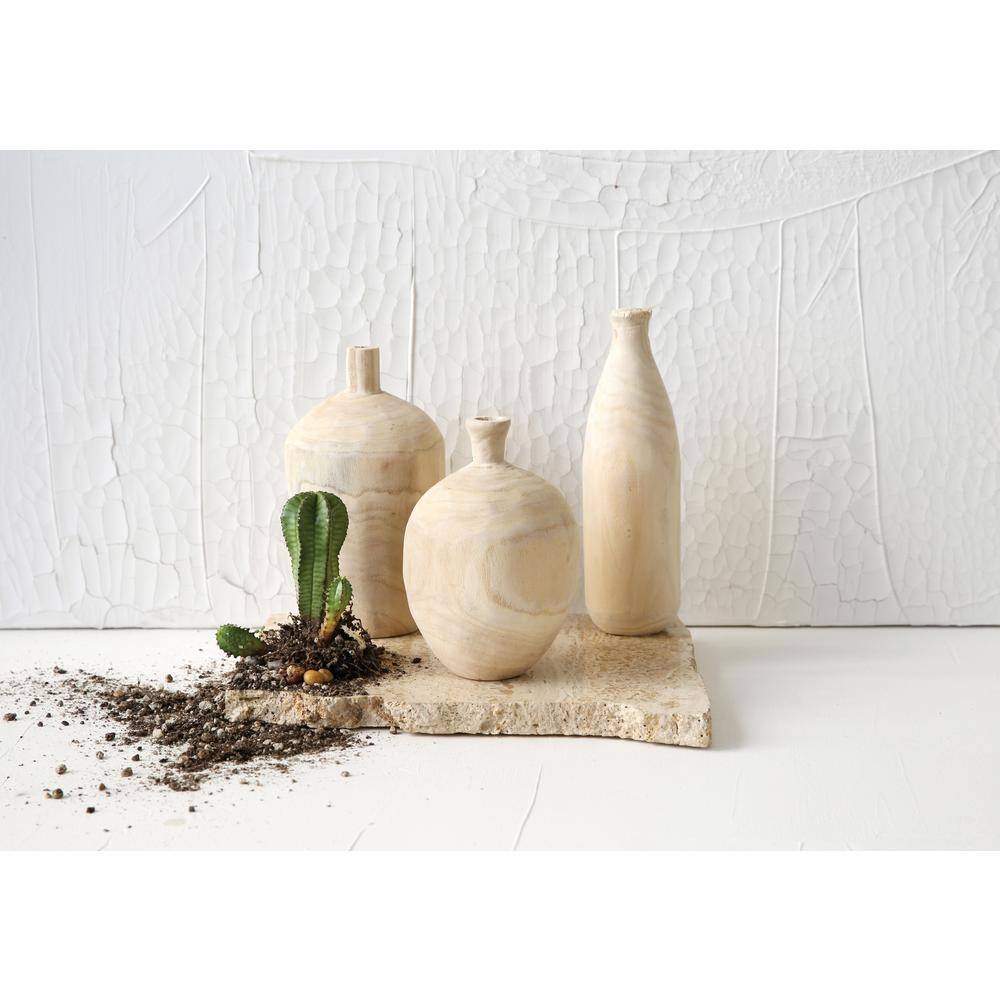 Set of 3 Light Wood Bottle and Gourd Shaped Vases