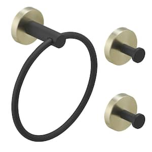 3-Piece Bath Hardware Set with Towel Ring and 2-Pieces Towel Hooks and Mounting Hardware Wall Mount Modern in Black Gold