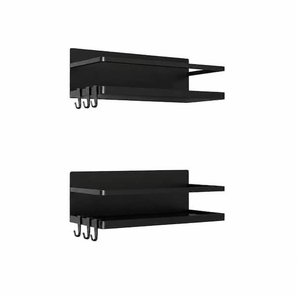 Magnetic Spice Rack for Refrigerator 2-Pack, Steel Fridge Organizer Shelf with 6 Moveable Hooks, Black