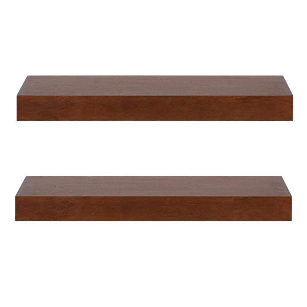 Mid-Century Modern Walnut Brown Solid Wood Floating Shelves, Set of 2
