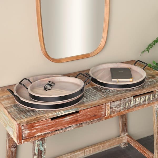 Litton Lane Cream Mango Wood Nesting Decorative Tray with Black Metal Handles (Set of 3)
