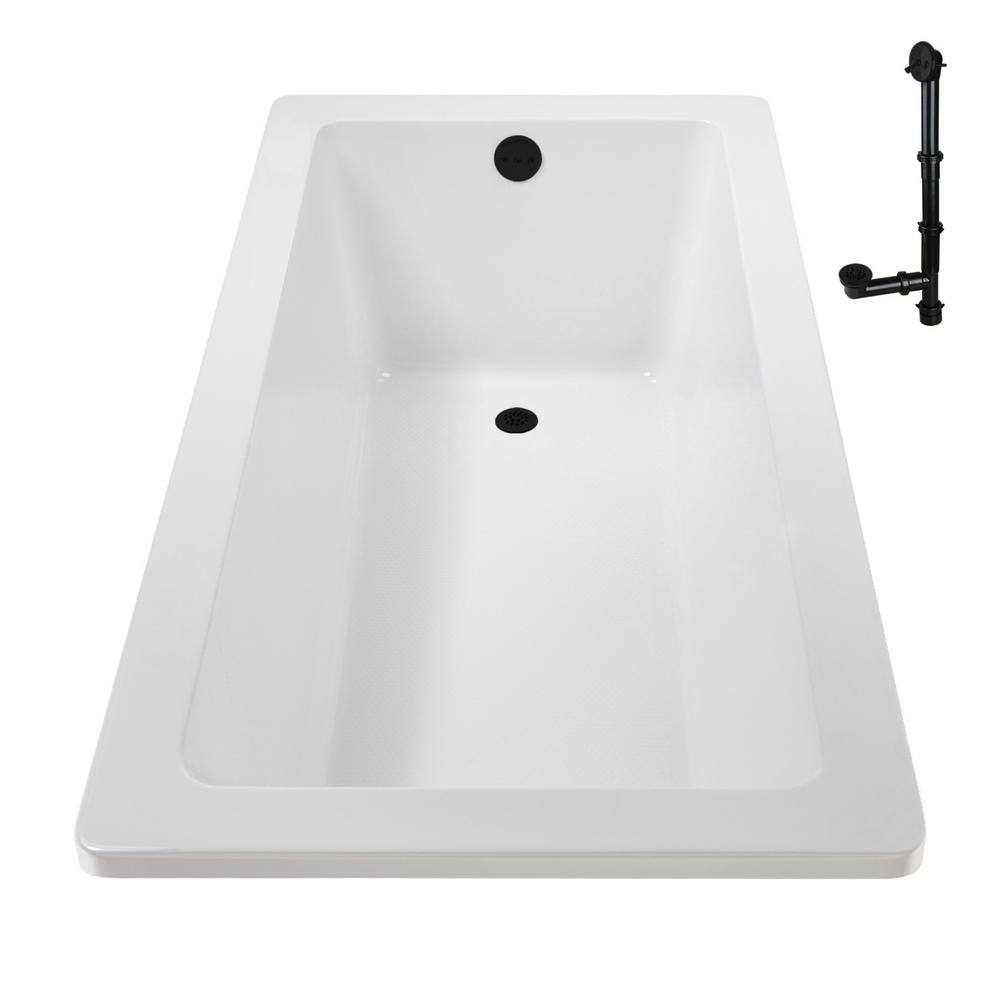 60" Glossy White Acrylic Drop-In Soaking Bathtub with Matte Black Trim