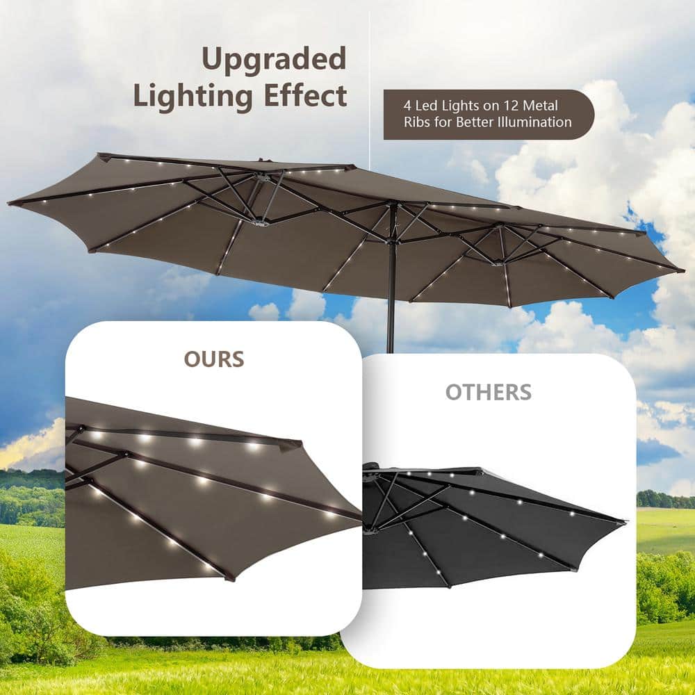 15ft Coffee Double-Sided Steel Market Patio Umbrella with Solar LED Lights