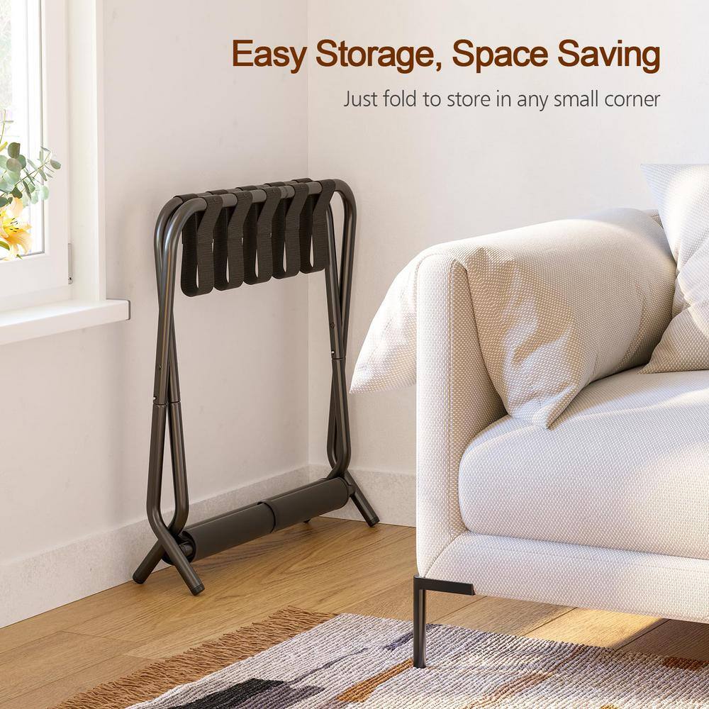 Black Foldable Metal Luggage Rack with Storage Shelf, Set of 2