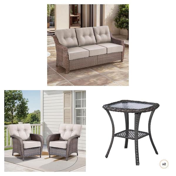 Round Side 3 Seat Wicker Sofa with Beige Cushions, 2-Piece Lounge Chair, and Square Wicker Side Table (2-Unit) Combo