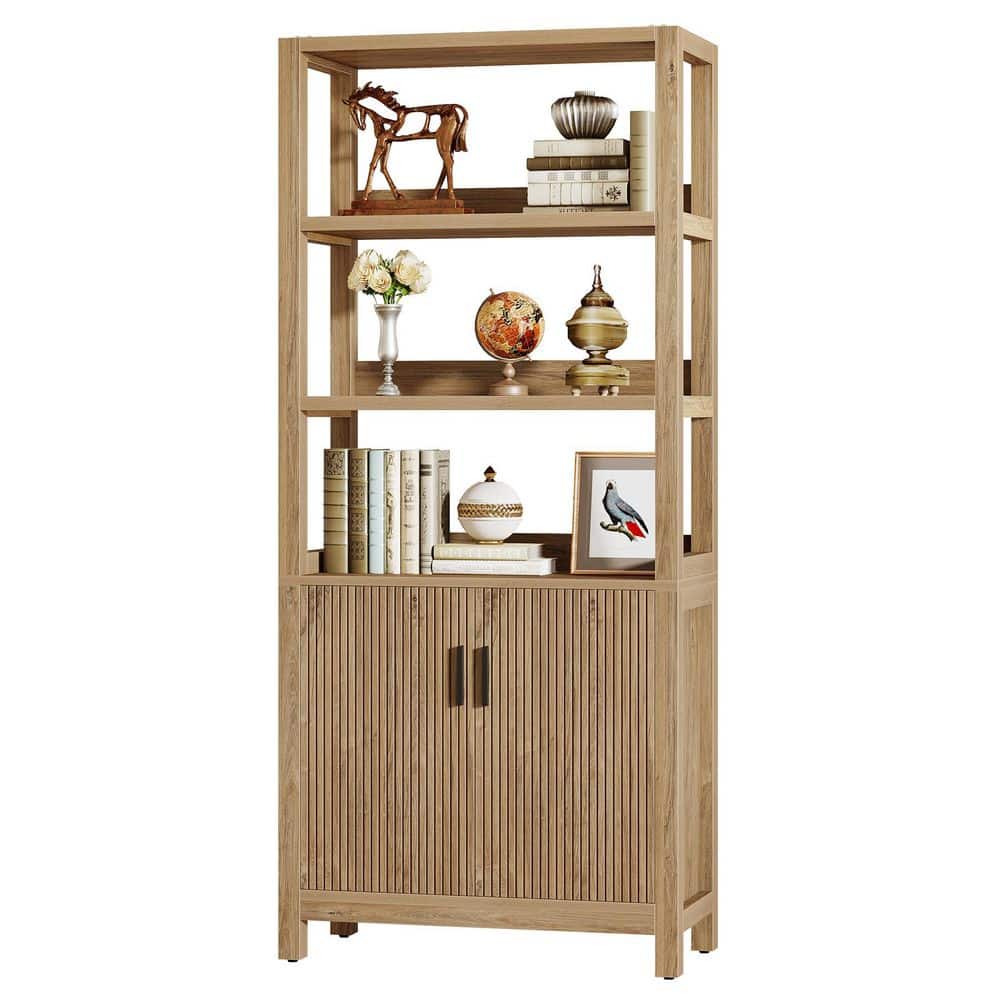 70.87 in. Tall Oak Brown Wood with 3-Shelf Standard Bookcase with Doors and Storage Cabinet