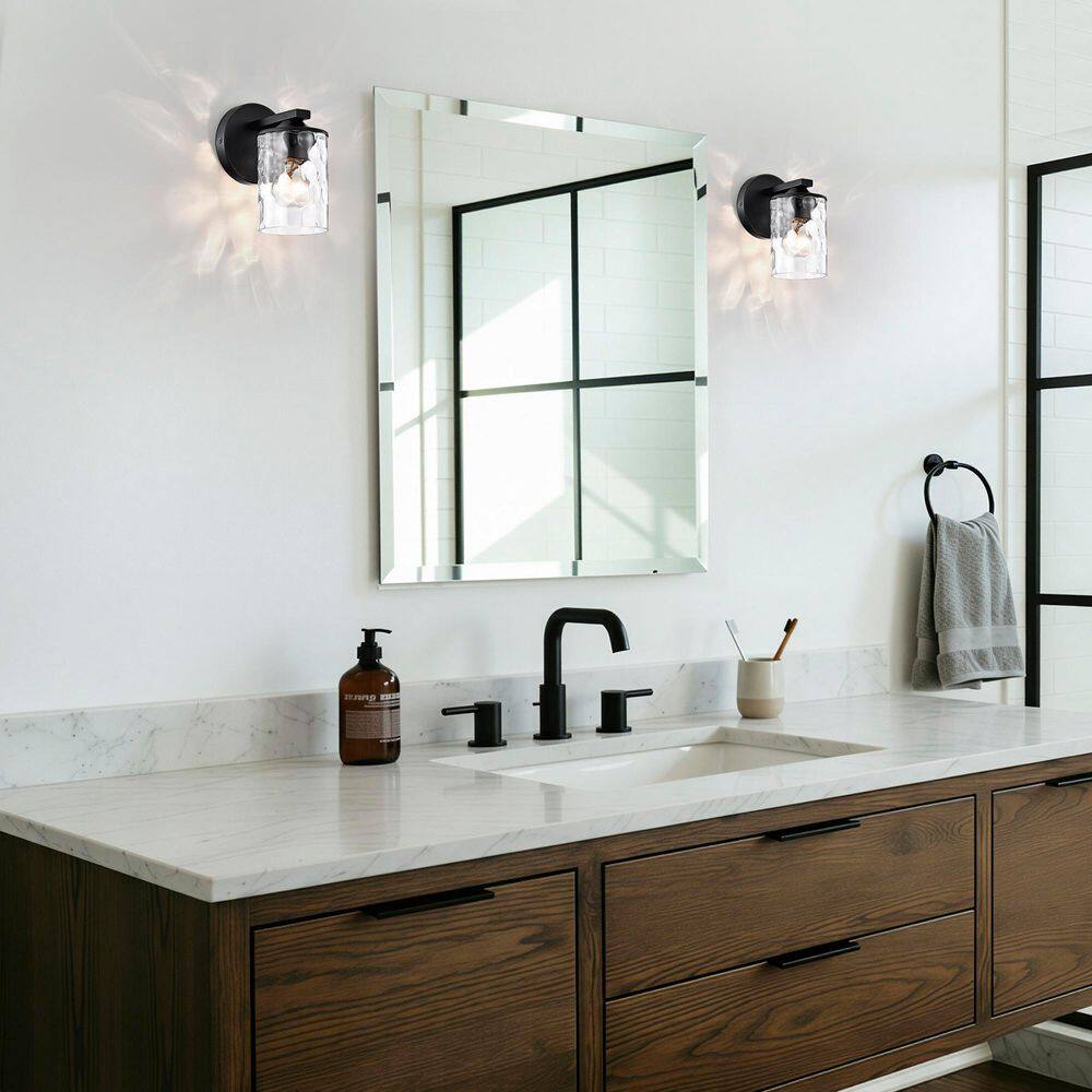 4.75 in. 1-Light Matte Black Modern Hardwired Indoor Bathroom Vanity Light Wall Sconce with Hammered Clear Glass Shade price history on PriceWatchPro