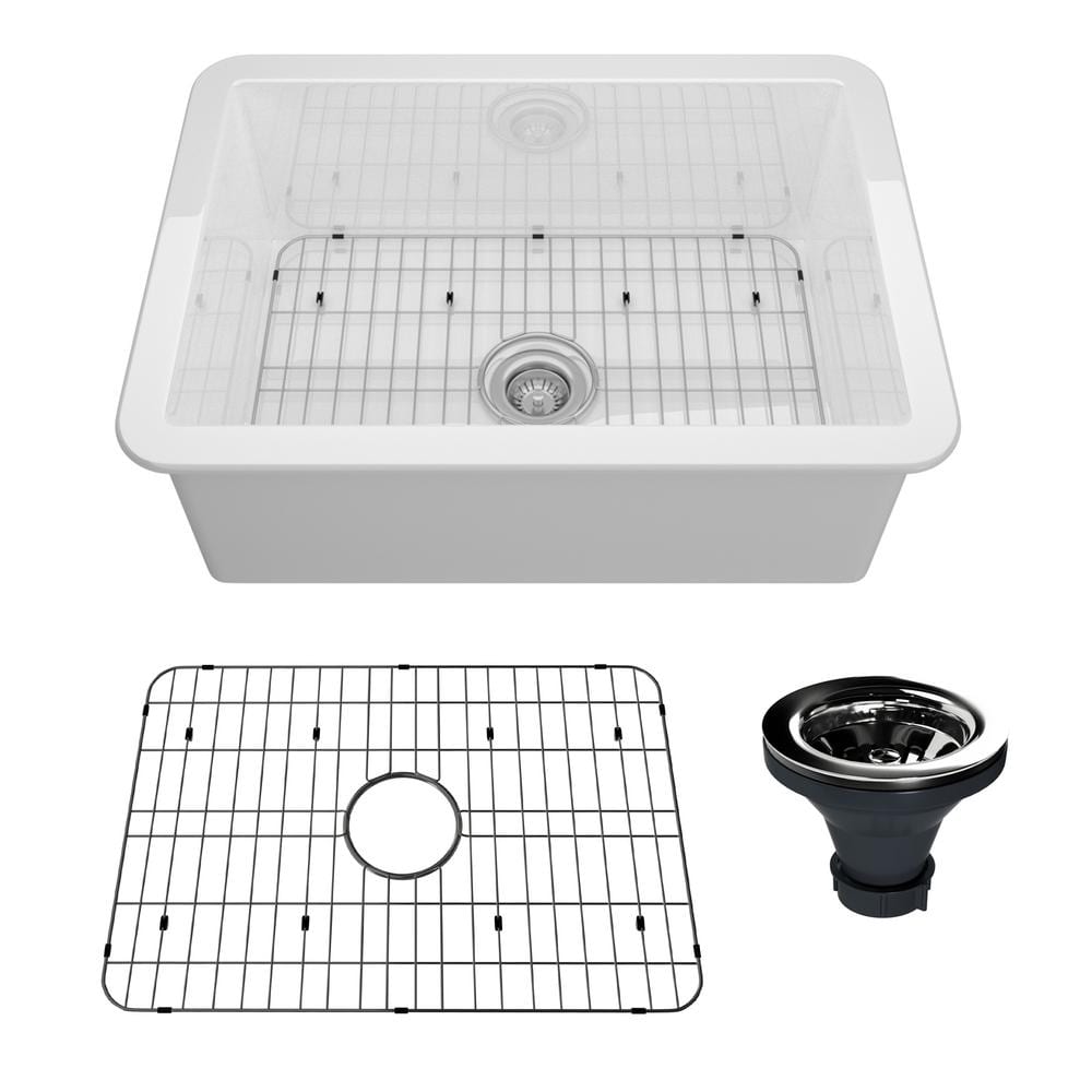 27 in. Undermount Single Bowl White Fine Fireclay Kitchen Sink with Bottom 