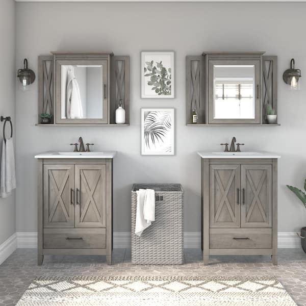 Bush Furniture Key West 31.89 in. W x 25 in. H Rectangular Particle Board Medicine Cabinet with Mirror in Driftwood Gray