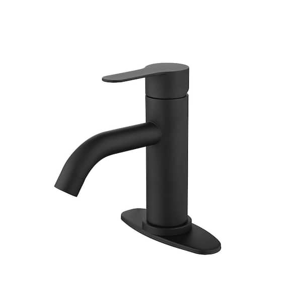 Lukvuzo Waterfall Spout Single Handle Single Hole Bathroom Faucet with Deckplate Included and Pop-Up Drain in Matte Black