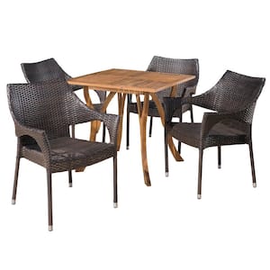 Jaxen 5-Piece Wood and Faux Rattan Square Outdoor Dining Set with Stacking Chairs