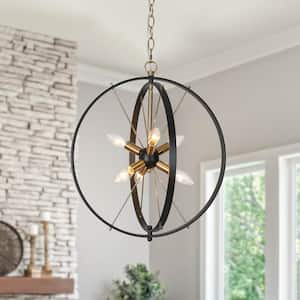 18 in. Modern Farmhouse 6-Light Black Globe Caged Chandelier, Brass-Plated Sputnik Pendant Hanging Light for Dining Room