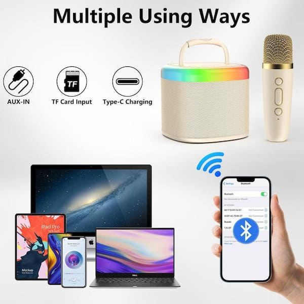 Mini Máquina De Karaoke Bluetooth Con 2 Micrófonos Inalámbricos – Altavoz Con Luces LED Y Efectos De Voz – Regalo Para Niños Y Adultos – Batería 3000 MAh – Color Beige