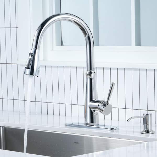 Chrome 15.4 in. H Pull Down Sprayer Kitchen Faucet with 360° Swivel Spout and Soap Dispenser in Stainless Steel