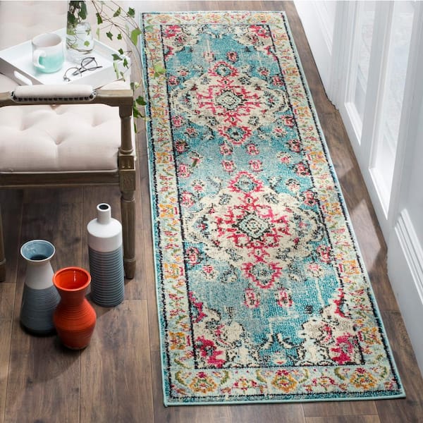 Monaco Light Blue/Fuchsia 2 ft. x 20 ft. Distressed Border Medallion Runner Rug