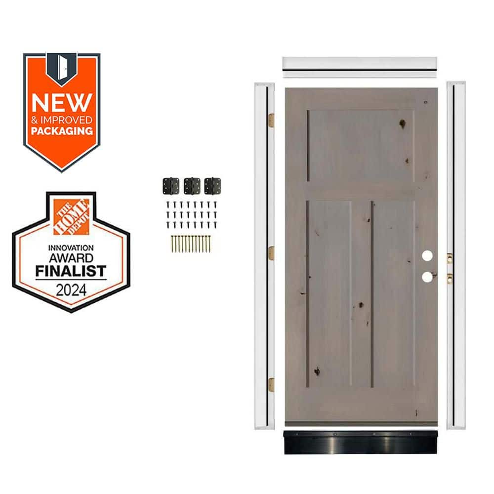 DIY 32 in. x 80 in. Rustic Knotty Alder 3-Panel Left-Hand Grey Stain Wood Front Door Kit w/ Quick Assemble Jamb price history on PriceWatchPro