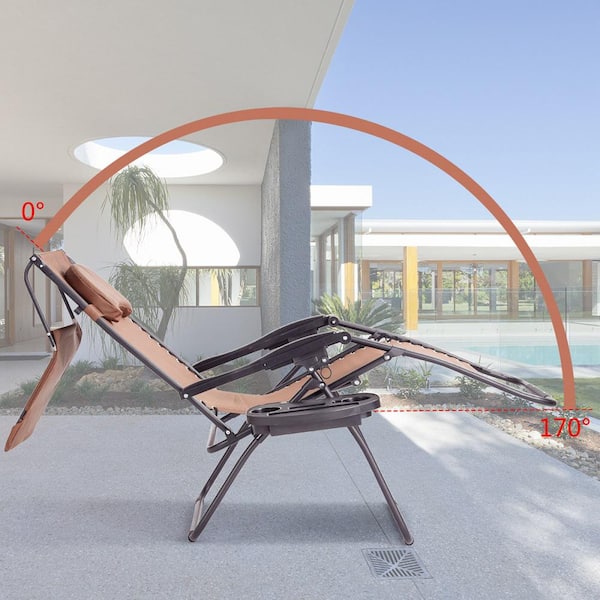 Folding Recliner Fabric Zero Gravity Outdoor Lounge Chair with Shade Canopy Cup Holder in Brown