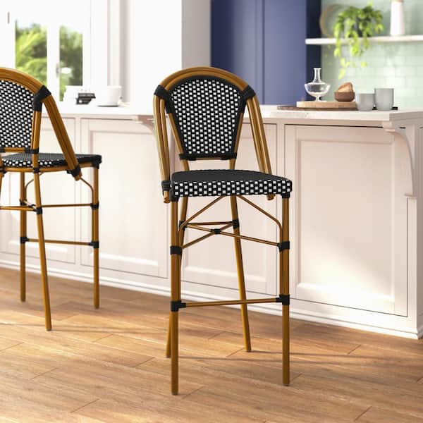 46 in. Black/White/Natural Mid-Back Metal Bar Stool with Rattan Seat (Set of 2)