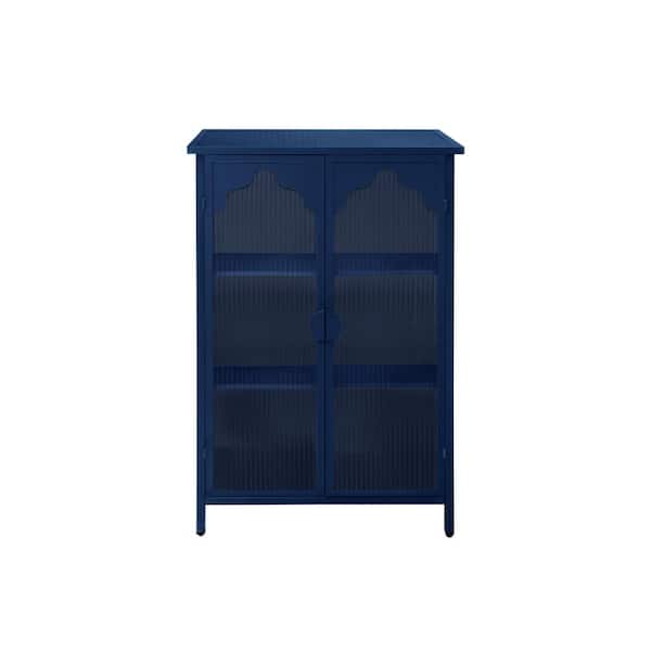 25.98 in. W x 13.31 in. D x 42.44 in. H Dark Blue Linen Cabinet with Glass Doors and Storage for Dining Room, Bedroom