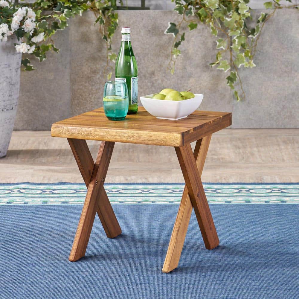 Sandblasted Teak Acacia Wood Cross Base Side Table