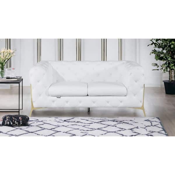 HomeRoots 69 in. White Solid Color Italian Leather 2-Seater Loveseat with Gold Metal Legs
