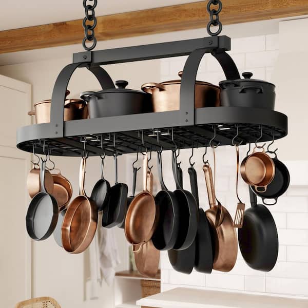 48 in. Matte Black Ceiling Oval Large Pot Rack for Kitchen with 20 S Hooks
