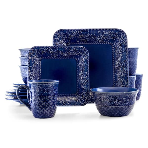 Elama Indigo Lotus 16-Piece Traditional Blue Stoneware Dinnerware Set (Service for 4)