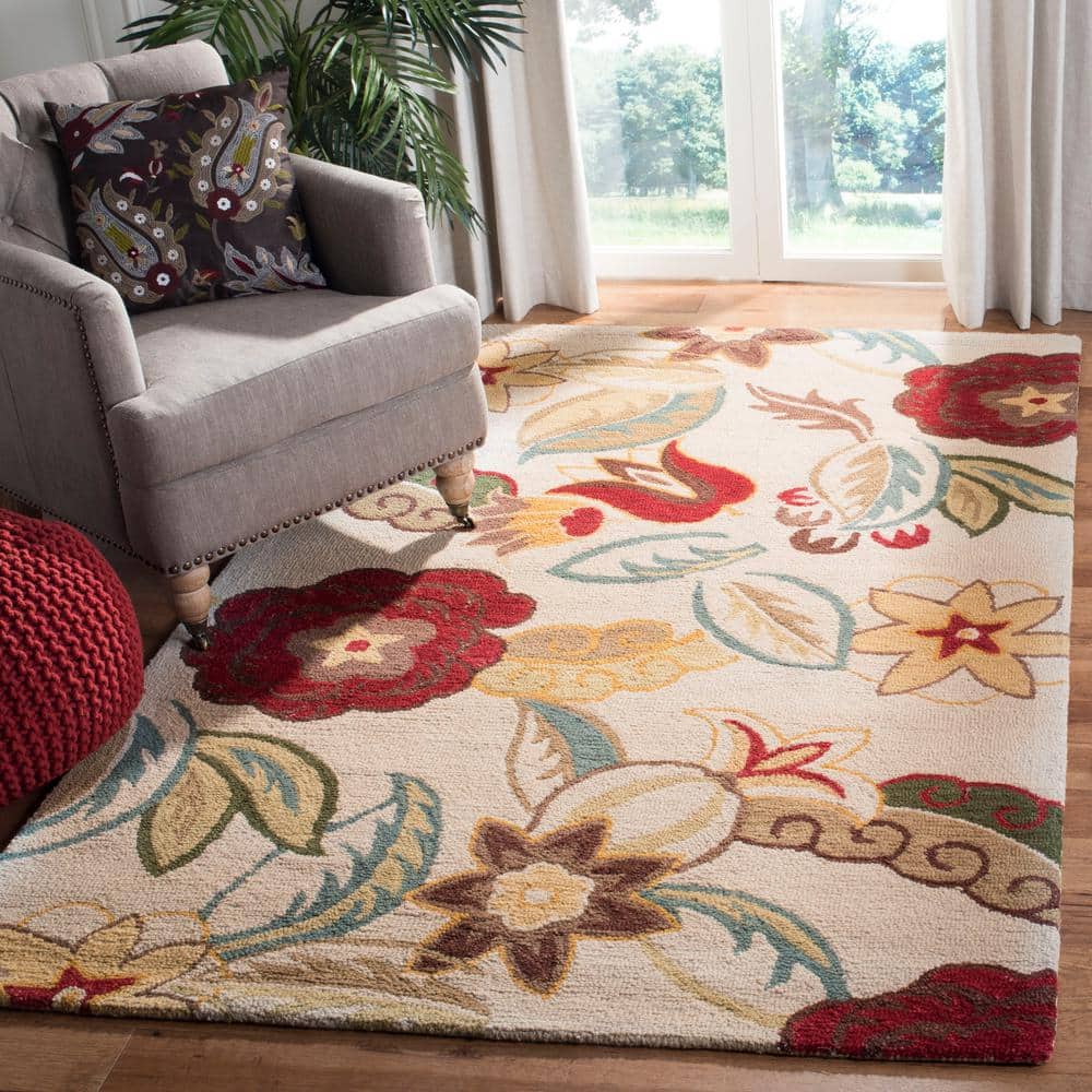 Blossom Beige and Multicolor 8' Square Wool Floral Rug