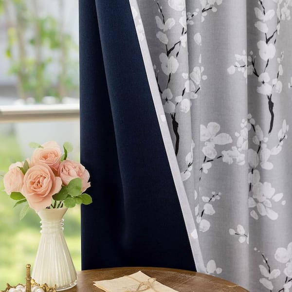 Gray Polyester Floral 50 in. W x 84 in. L Grommet Blackout Curtain