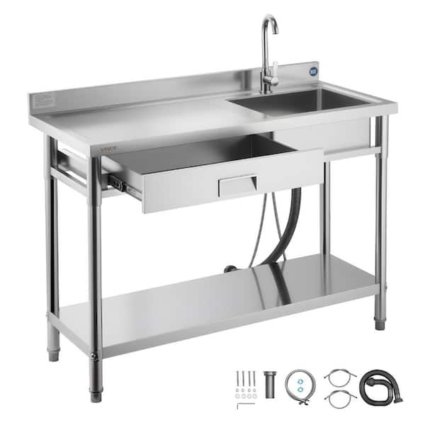 Stainless Steel Utility Sink, Rolling Single Bowl Kitchen Sink with Drawer and Hot/Cold Water Pipe, 47.2 x 19.7 x 37 in.