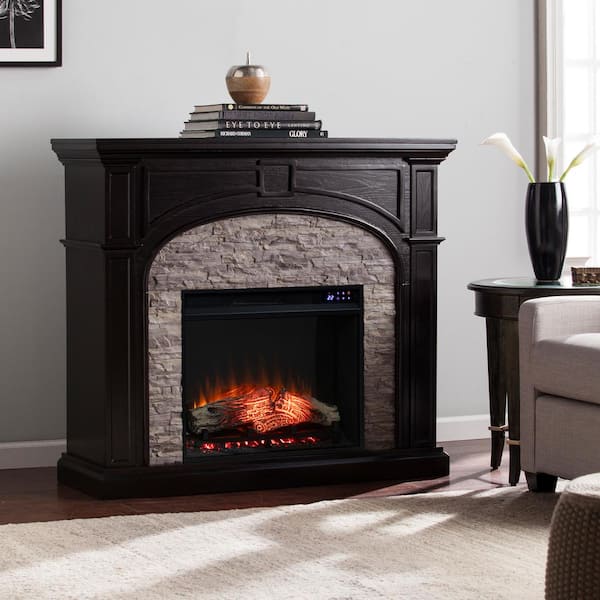 Southern Enterprises Greenville 45.75 in. Touch Panel Electric Fireplace in Ebony with Gray Faux Stone