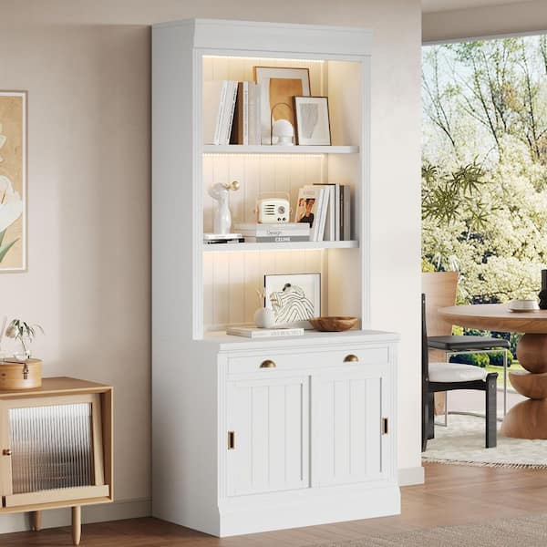 83.4 in. Tall White Solid Wood Bookcase with 3-layer LED Lightings, Sliding Doors and Open Shelves