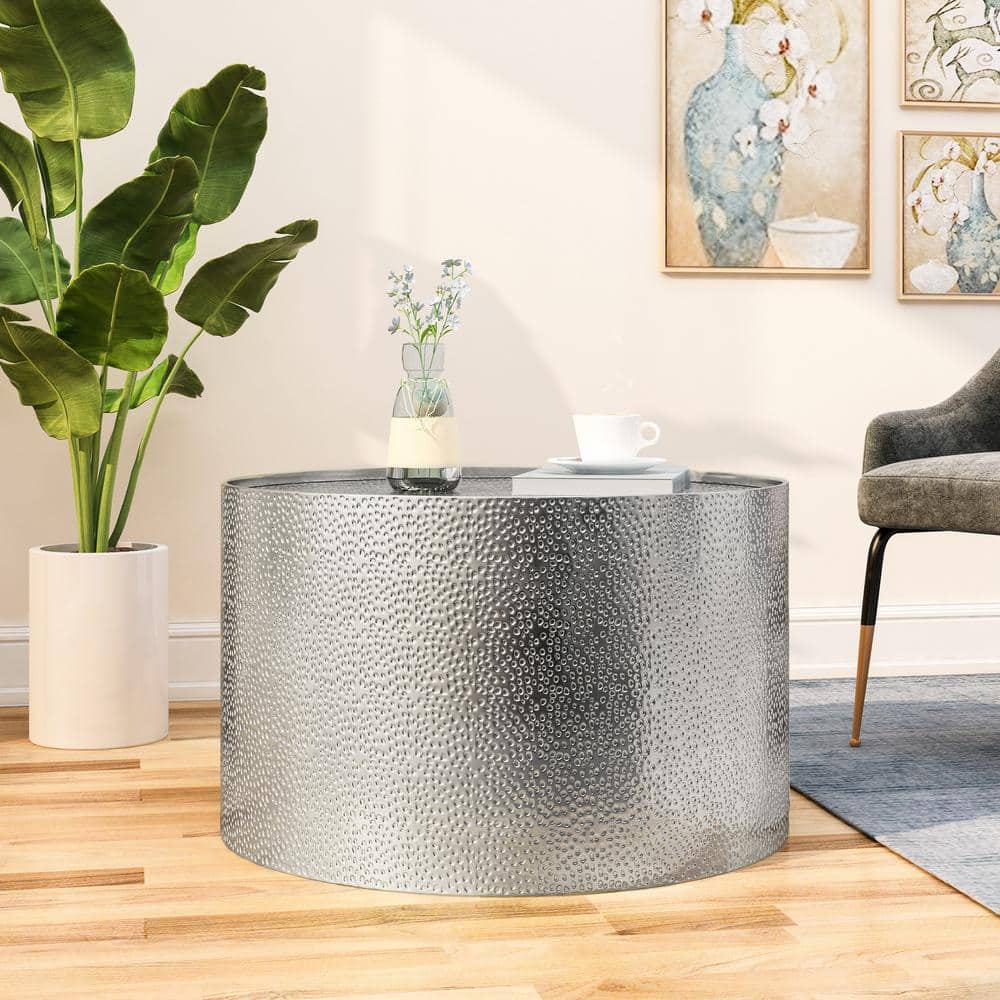 Contemporary 26" Silver Hammered Metal Round Coffee Table