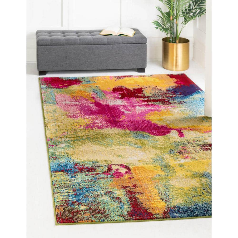 Light Blue Abstract Easy-Care Rectangular Synthetic Rug