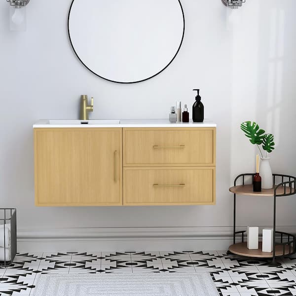 Razza 42 in. W x 18.25 in. D x 20 in. H Single Sink Wall Mounted Bath Vanity in Natura with Cultured Marble Top in White