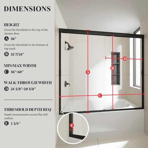 Apex 60 in. W x 56 in. H Sliding Semi-Frameless Tub Door in Matte Black Finish with Clear Glass