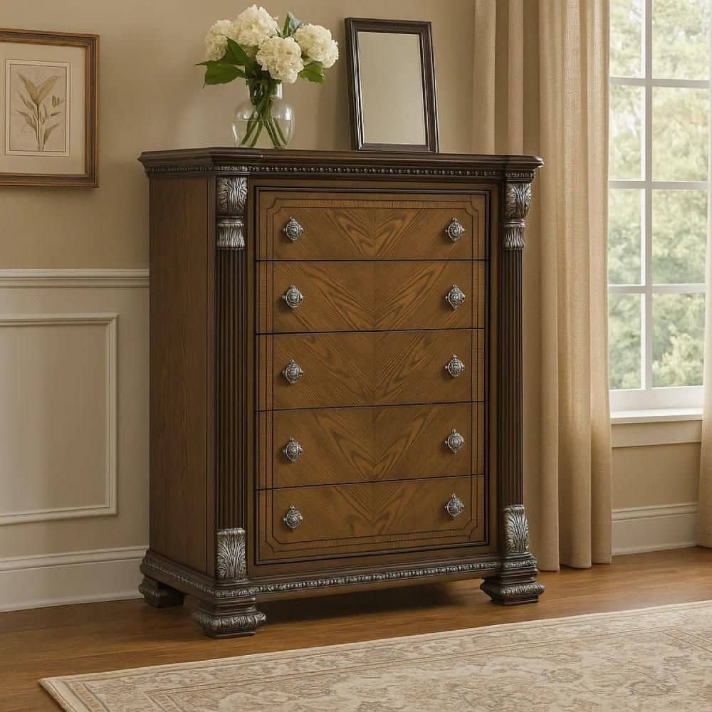Naddy Espresso Brown and Silver 5 Drawer 42 in. Chest of Drawers price history on PriceWatchPro