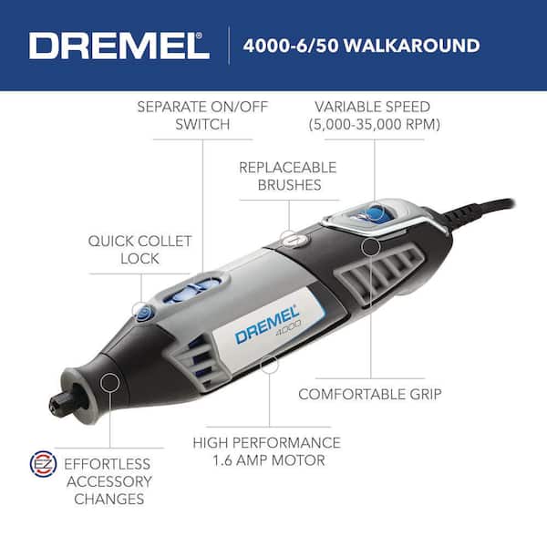 Kemiker Moderne Prestigefyldte Dremel 4000 Series 1.6 Amp Variable Speed Corded High Performance Rotary  Tool Kit with 50 Accessories, 6 Attachments and Case 4000-6/50 - The Home  Depot