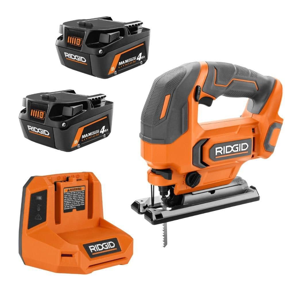 RIDGID 18V MAX Output Starter Kit w/ (2) 4.0 Ah Batteries & Charger w/ 18V Cordless Jig Saw (R8609340R86345)