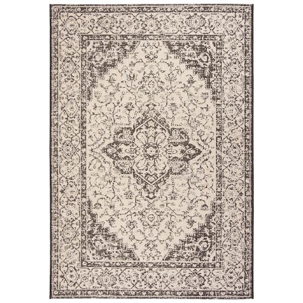 SAFAVIEH Beach House Creme/Brown Doormat 3 ft. x 5 ft. Border Floral Indoor/Outdoor Area Rug
