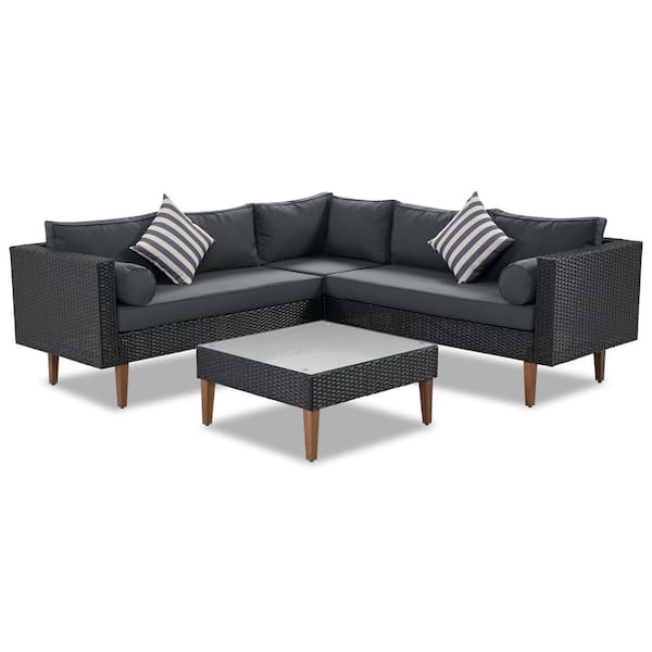 Sudzendf 4-Pieces Outdoor Wicker Sofa Set, Patio Furniture L-shape sofa set, with Gray Cushions