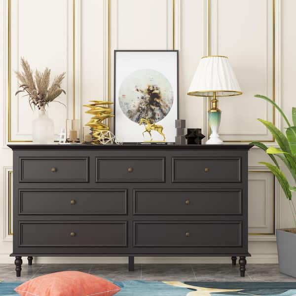 FUFU&GAGA Classic Style Brown Wood 7 Drawers 55.2 in. W Chest of Drawers Cabinet with 29.6 in. H x 15.7 in. D
